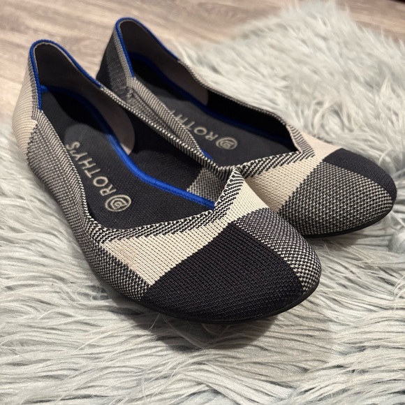 Rothy’s the flat round captoe plaid check in black grey white knit - 9 - Picture 4 of 11